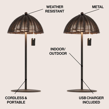 Tilly 12.75" Modern Coastal Indoor/Outdoor Wicker Shade Rechargeable/Cordless Dimmable Integrated LED Table Lamp